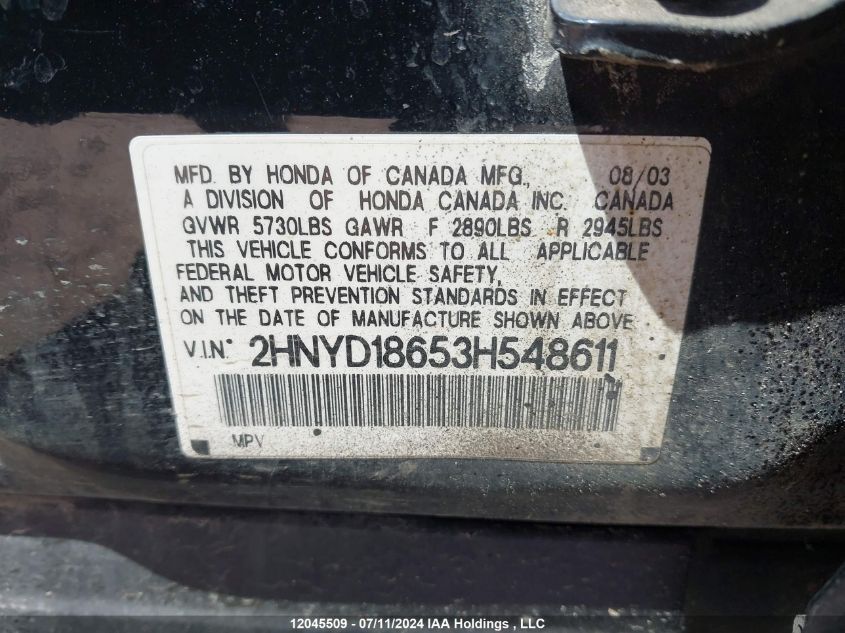 2003 Acura Mdx Touring VIN: 2HNYD18653H548611 Lot: 12045509