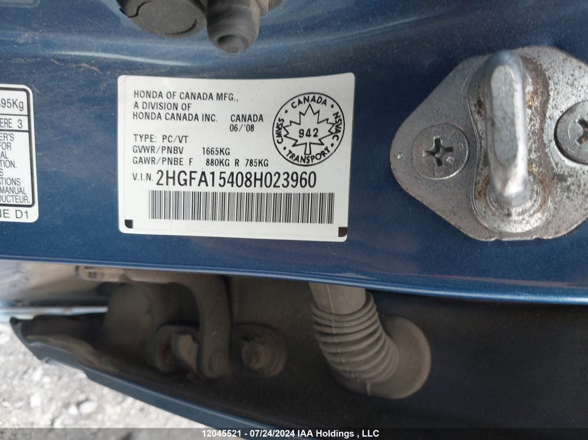 2008 Honda Civic VIN: 2HGFA15408H023960 Lot: 12045521