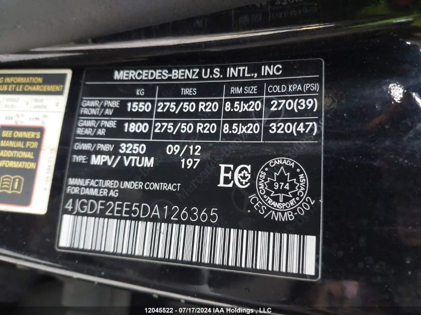 2013 Mercedes-Benz Gl-Class VIN: 4JGDF2EE5DA126365 Lot: 12045522