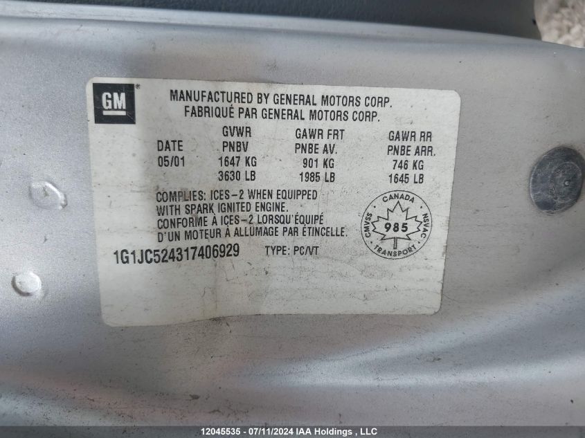 2001 Chevrolet Cavalier VIN: 1G1JC524317406929 Lot: 12045535