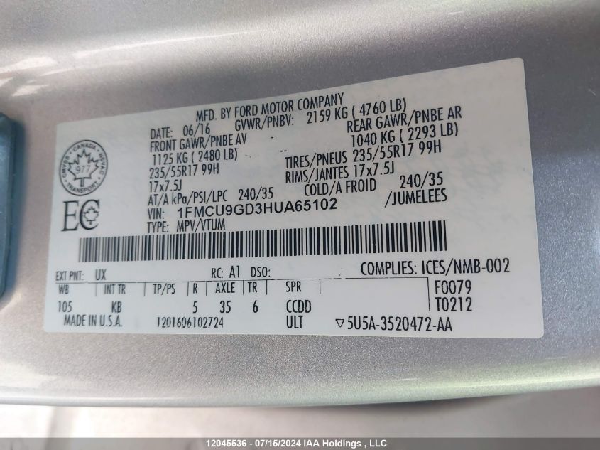 2017 Ford Escape Se VIN: 1FMCU9GD3HUA65102 Lot: 12045536