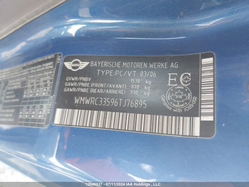 2006 Mini Cooper Hardtop VIN: WMWRC33596TJ76895 Lot: 12045537