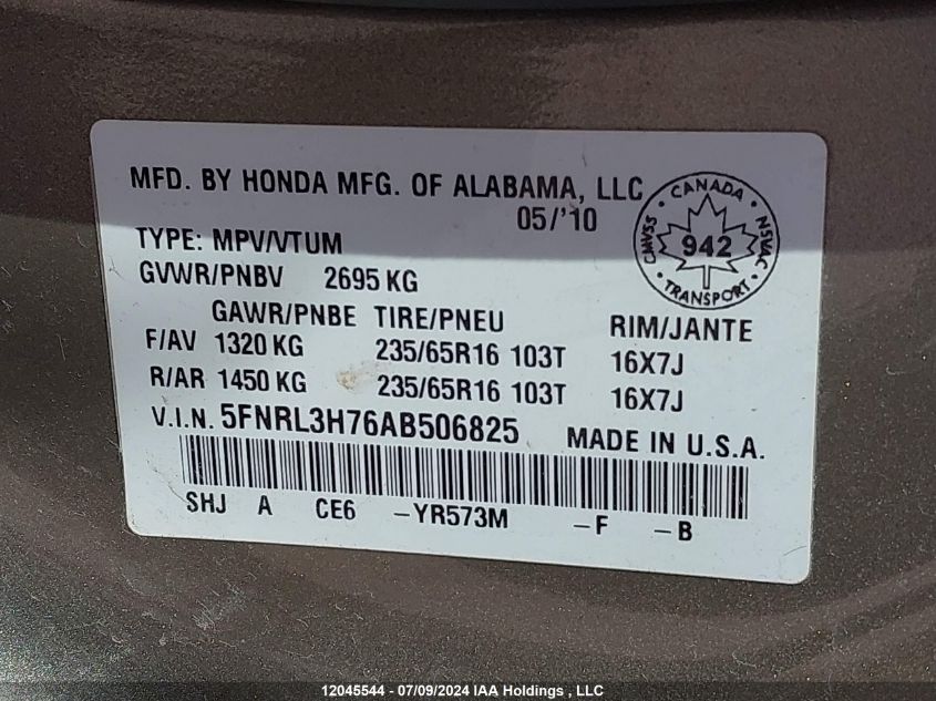 2010 Honda Odyssey VIN: 5FNRL3H76AB506825 Lot: 12045544