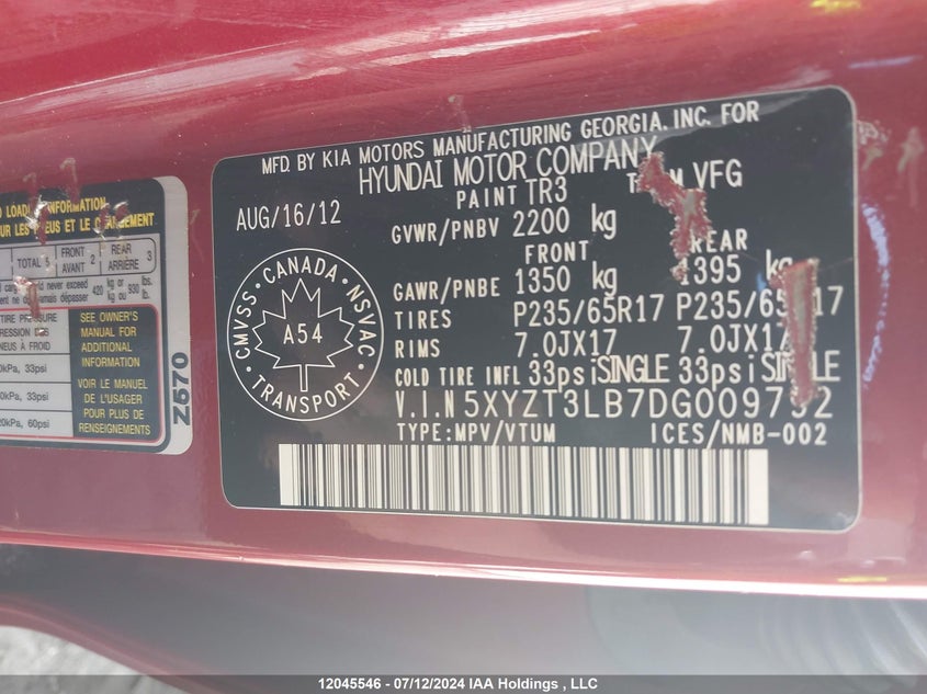 2013 Hyundai Santa Fe Sport VIN: 5XYZT3LB7DG009792 Lot: 12045546