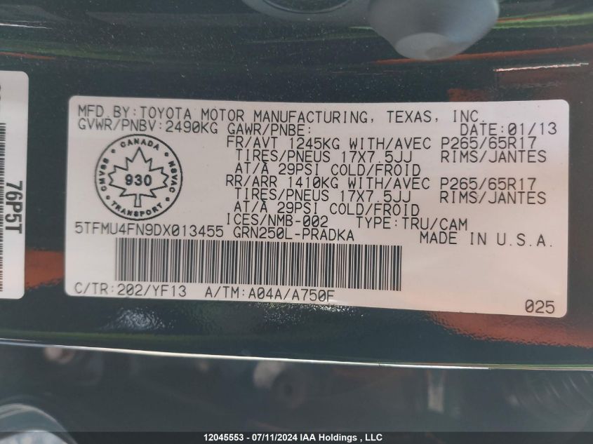 2013 Toyota Tacoma Double Cab Long Bed VIN: 5TFMU4FN9DX013455 Lot: 12045553