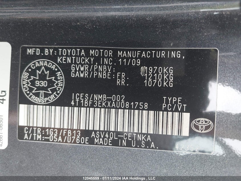 2010 Toyota Camry VIN: 4T1BF3EKXAU081758 Lot: 12045559