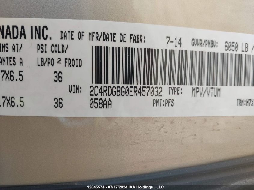 2014 Dodge Grand Caravan Se VIN: 2C4RDGBG0ER457032 Lot: 12045574