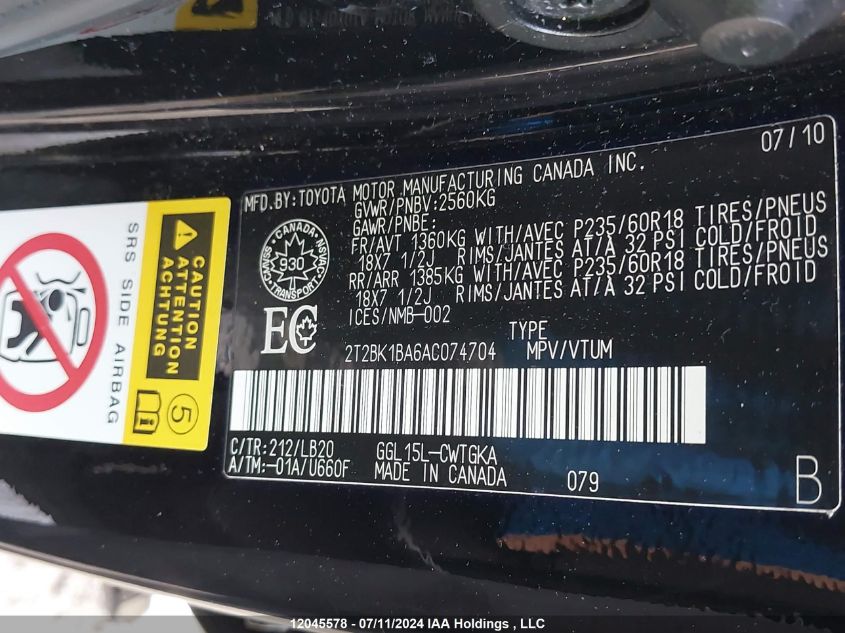 2010 Lexus Rx 350 VIN: 2T2BK1BA6AC074704 Lot: 12045578