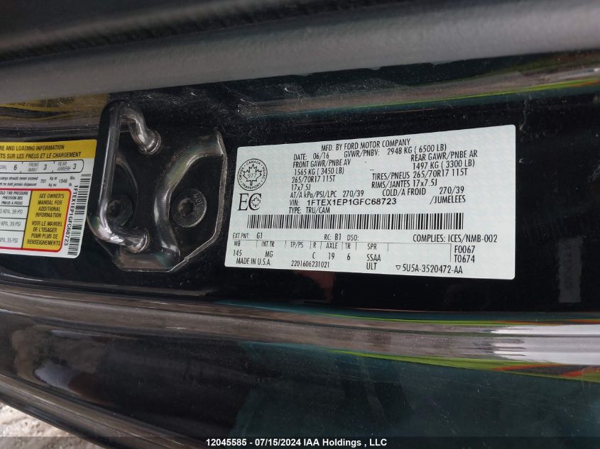 2016 Ford F-150 Xlt VIN: 1FTEX1EP1GFC68723 Lot: 12045585