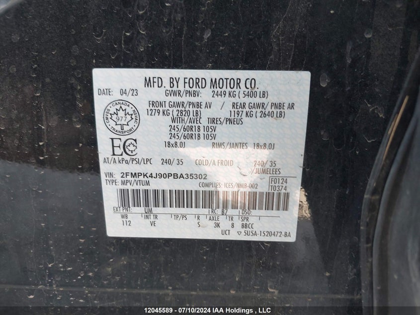 2023 Ford Edge Sel VIN: 2FMPK4J90PBA35302 Lot: 12045589