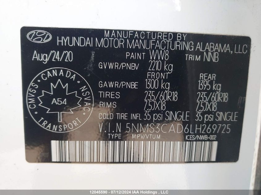 2020 Hyundai Santa Fe Preferred Awd With Sun And Leather Package VIN: 5NMS3CAD6LH269725 Lot: 12045590