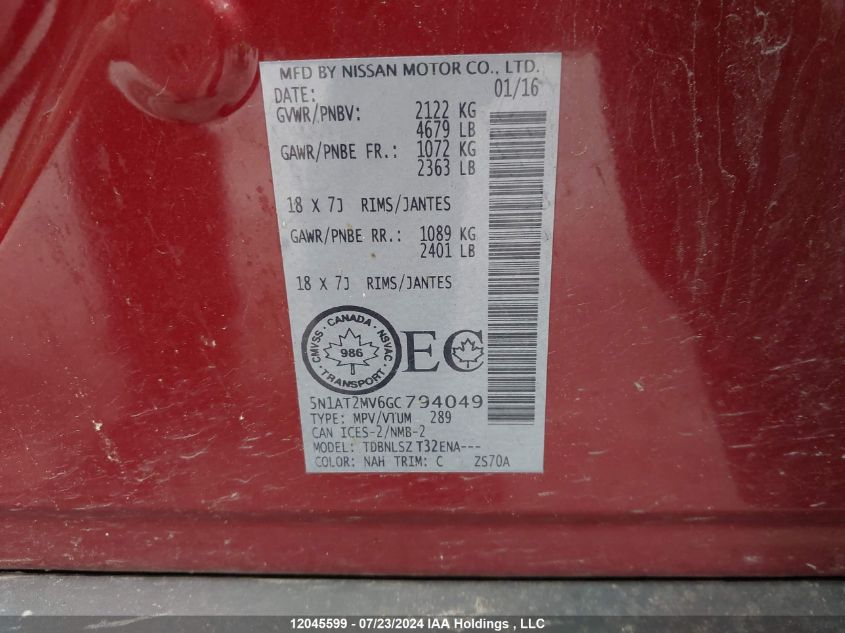 2016 Nissan Rogue VIN: 5N1AT2MV6GC794049 Lot: 12045599