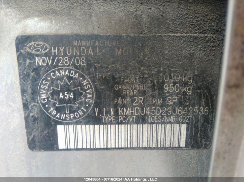 2009 Hyundai Elantra VIN: KMHDU45D29U642536 Lot: 12045604