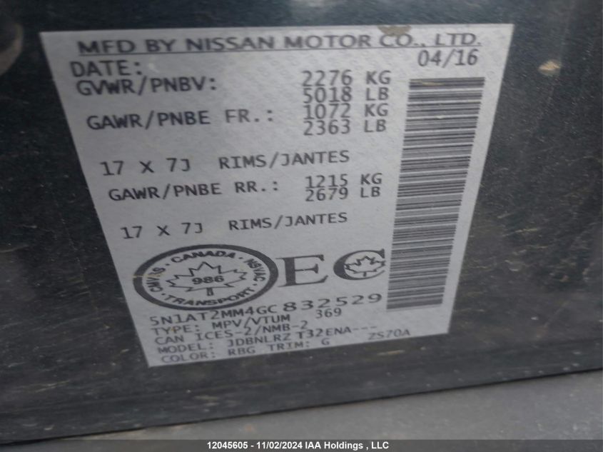 2016 Nissan Rogue VIN: 5N1AT2MM4GC832529 Lot: 12045605