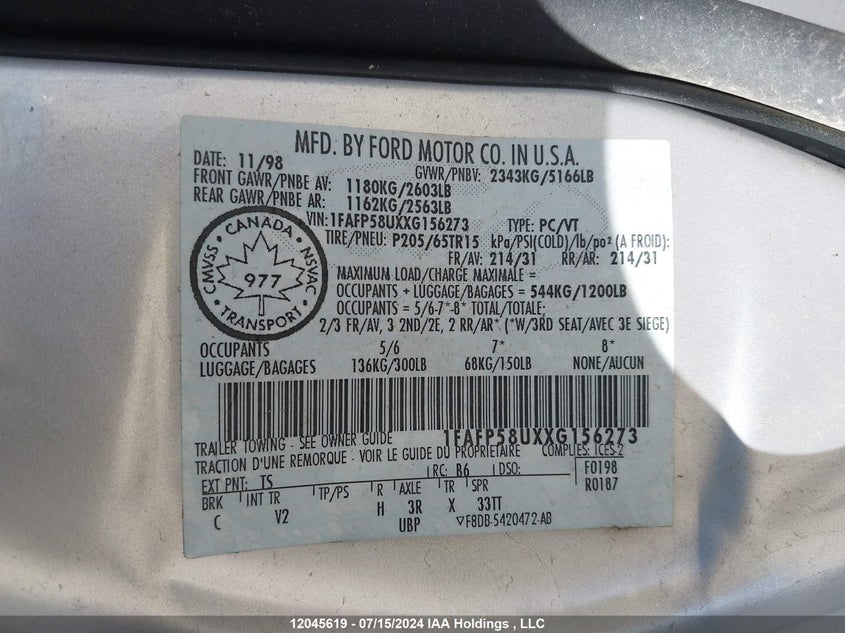 1999 Ford Taurus Se VIN: 1FAFP58UXXG156273 Lot: 12045619