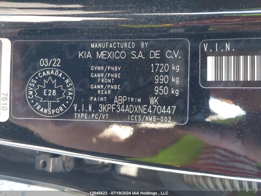 2022 Kia Forte VIN: 3KPF34ADXNE470447 Lot: 12045622