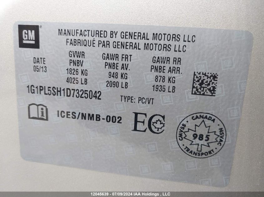 2013 Chevrolet Cruze Ls VIN: 1G1PL5SH1D7325042 Lot: 12045639