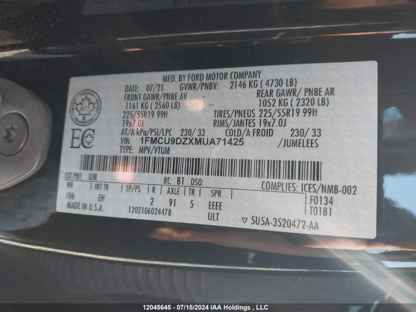 2021 Ford Escape Titanium VIN: 1FMCU9DZXMUA71425 Lot: 12045645