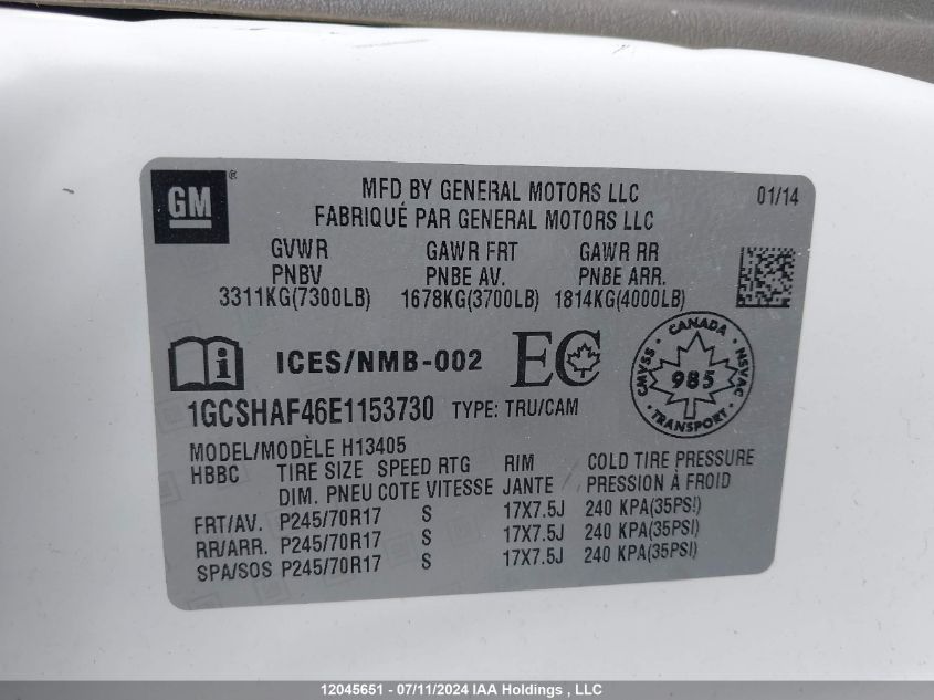 2014 Chevrolet Express VIN: 1GCSHAF46E1153730 Lot: 12045651