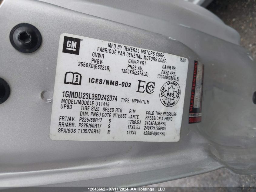 2006 Pontiac Montana Sv6 VIN: 1GMDU23L36D242074 Lot: 12045662
