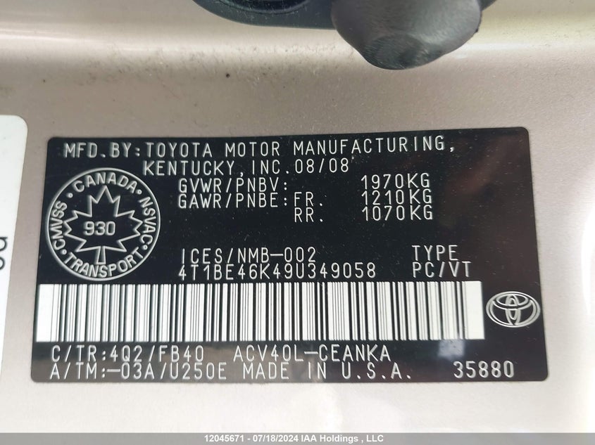 2009 Toyota Camry VIN: 4T1BE46K49U349058 Lot: 12045671