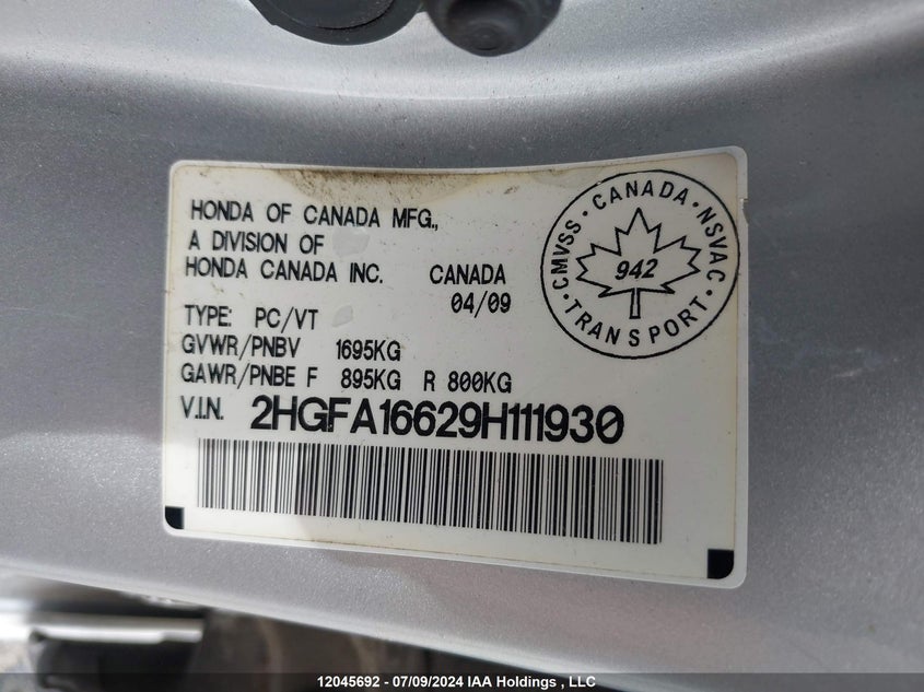 2009 Honda Civic VIN: 2HGFA16629H111930 Lot: 12045692