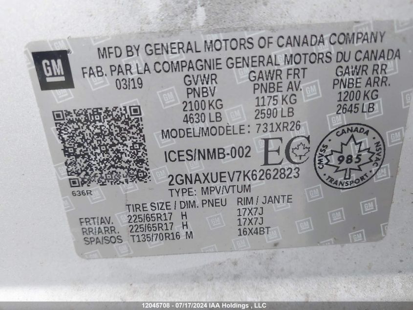 2019 Chevrolet Equinox VIN: 2GNAXUEV7K6262823 Lot: 12045708