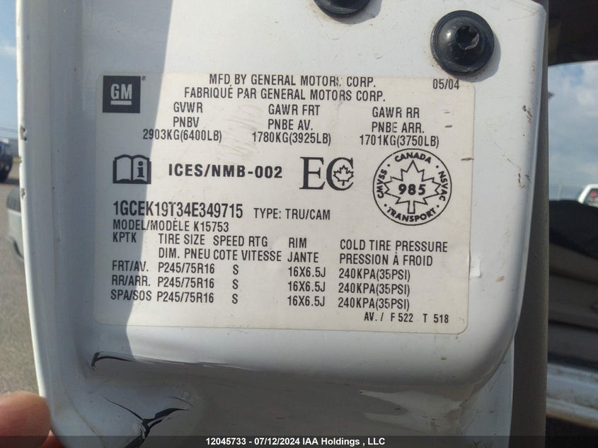 2004 Chevrolet Silverado K1500 VIN: 1GCEK19T34E349715 Lot: 12045733