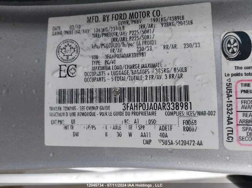 2010 Ford Fusion VIN: 3FAHP0JA0AR338981 Lot: 12045734