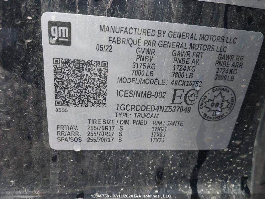 2022 Chevrolet Silverado 1500 VIN: 1GCRDDED4NZ537049 Lot: 12045738