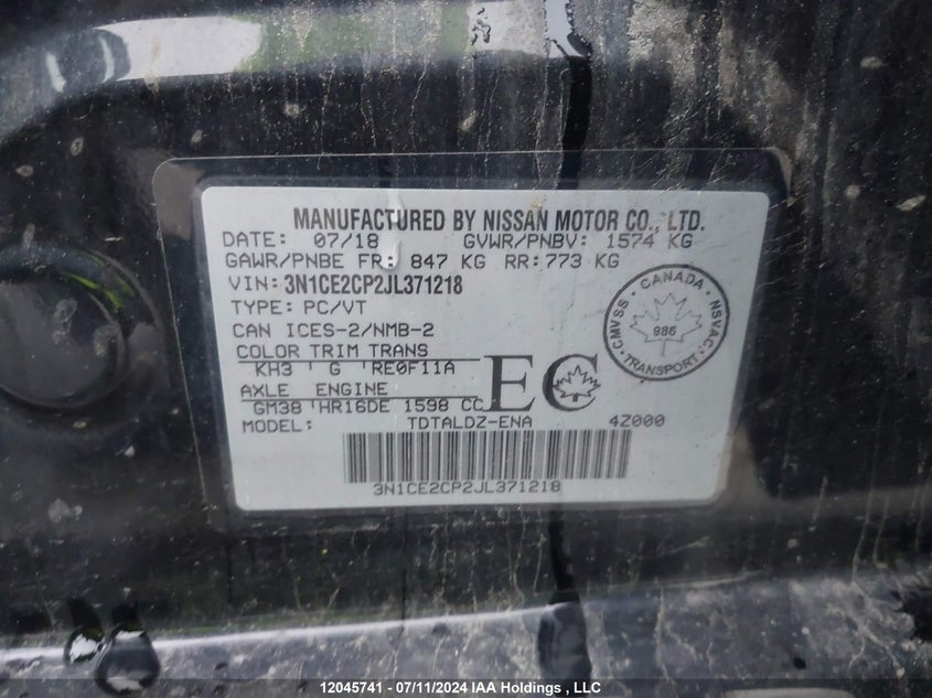 2018 Nissan Versa Note VIN: 3N1CE2CP2JL371218 Lot: 12045741