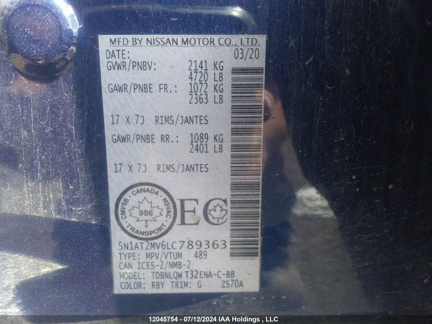 2020 Nissan Rogue S/Sl/Sv VIN: 5N1AT2MV6LC789363 Lot: 12045754