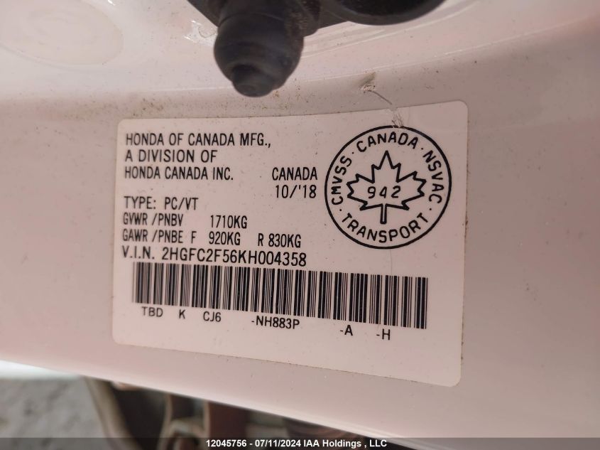 2019 Honda Civic Sedan VIN: 2HGFC2F56KH004358 Lot: 12045756