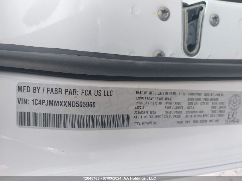 2022 Jeep Cherokee Latitude Lux VIN: 1C4PJMMXXND505960 Lot: 12045763