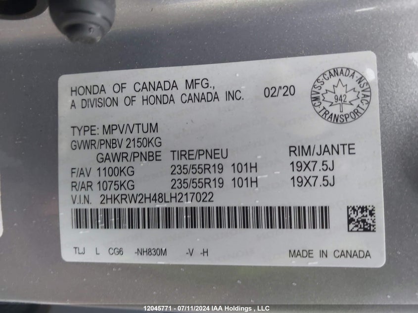 2020 Honda Cr-V VIN: 2HKRW2H48LH217022 Lot: 12045771