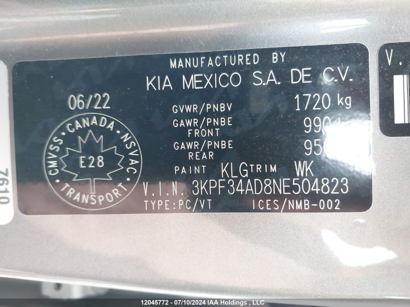 2022 Kia Forte VIN: 3KPF34AD8NE504823 Lot: 12045772