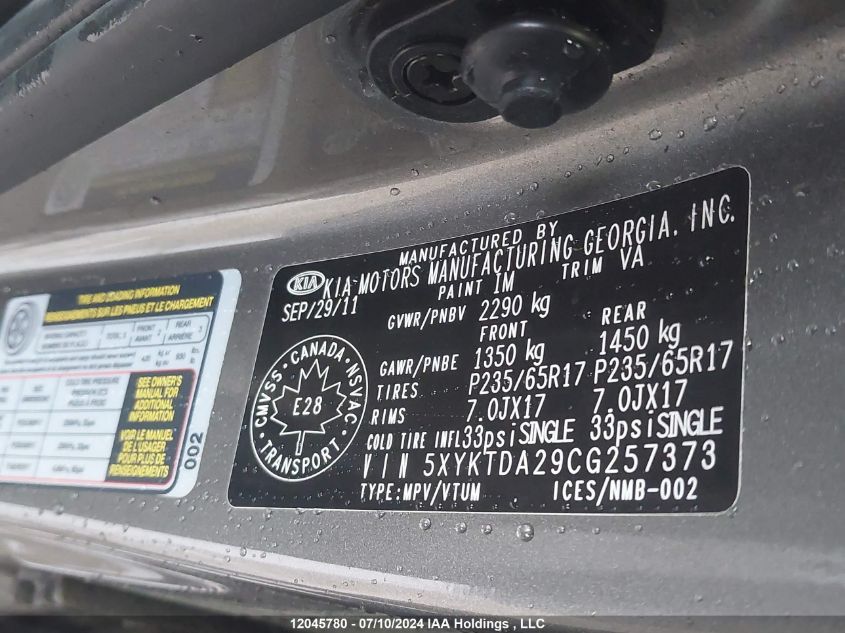 2012 Kia Sorento VIN: 5XYKTDA29CG257373 Lot: 12045780