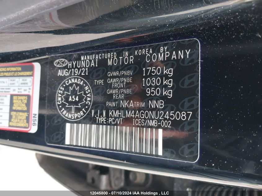 2022 Hyundai Elantra Sel VIN: KMHLM4AG0NU245087 Lot: 12045800