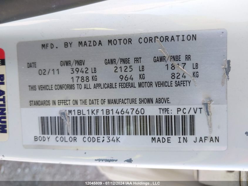 2011 Mazda Mazda3 VIN: JM1BL1KF1B1464760 Lot: 12045809