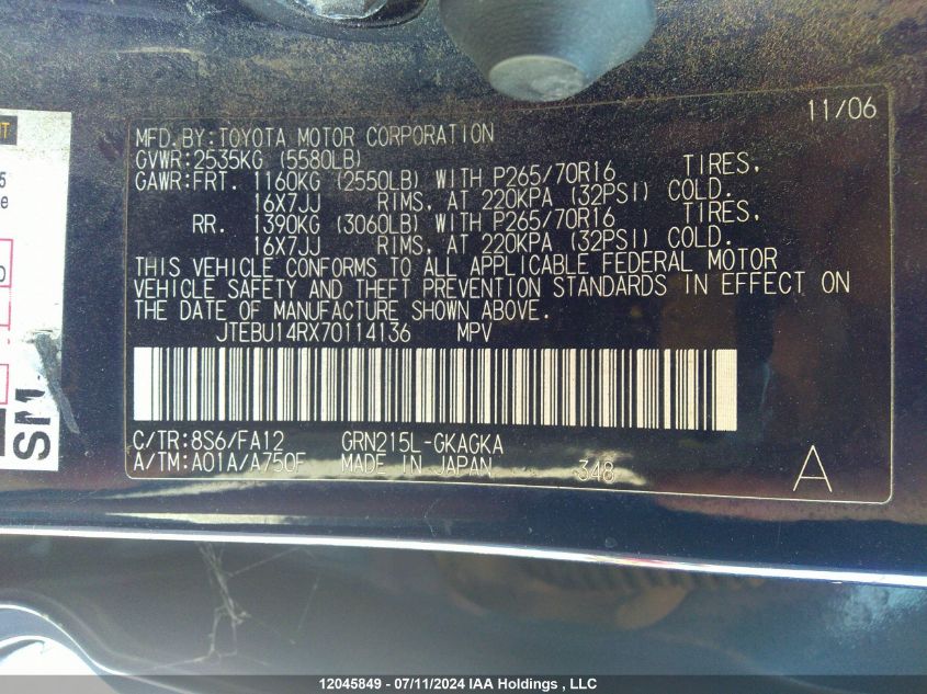 2007 Toyota 4Runner Sr5 V6 VIN: JTEBU14RX70114136 Lot: 12045849