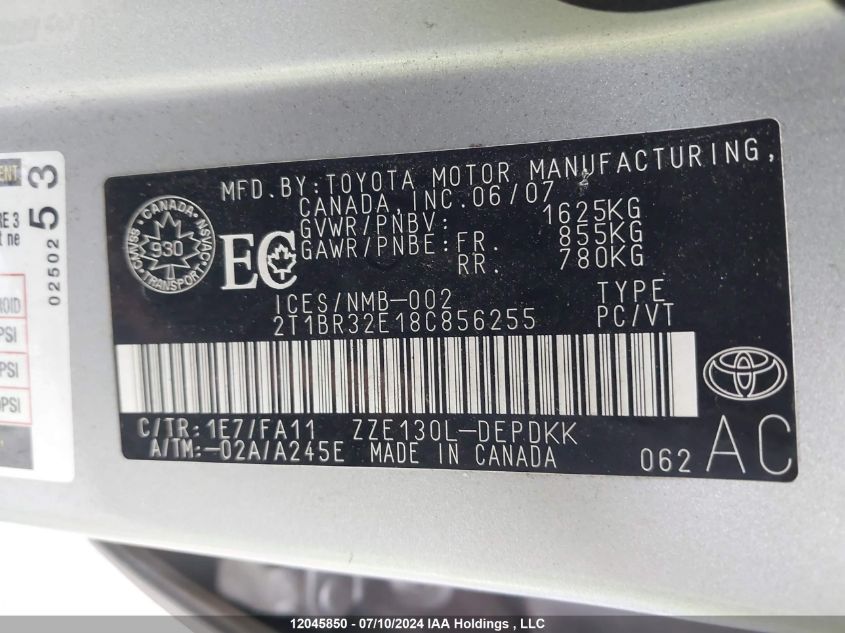 2008 Toyota Corolla VIN: 2T1BR32E18C856255 Lot: 12045850