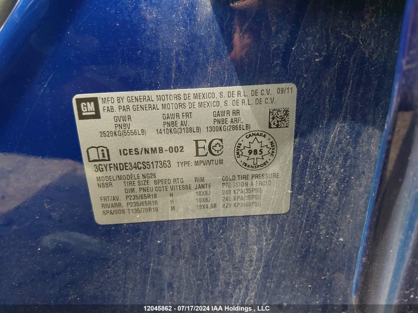 2012 Cadillac Srx 4 VIN: 3GYFNDE34CS517363 Lot: 12045862