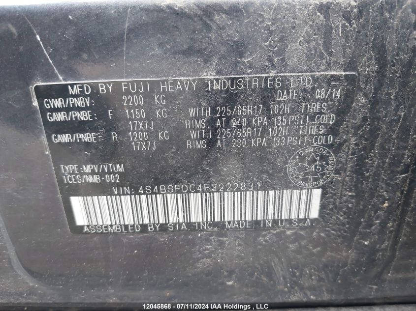 2015 Subaru Outback 3.6R VIN: 4S4BSFDC4F3222831 Lot: 12045868