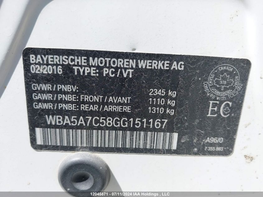 2016 BMW 5 Series VIN: WBA5A7C58GG151167 Lot: 12045871