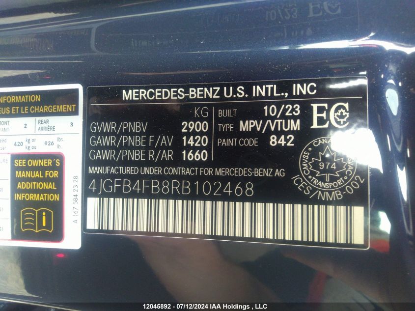 2024 Mercedes-Benz Gle VIN: 4JGFB4FB8RB102468 Lot: 12045892