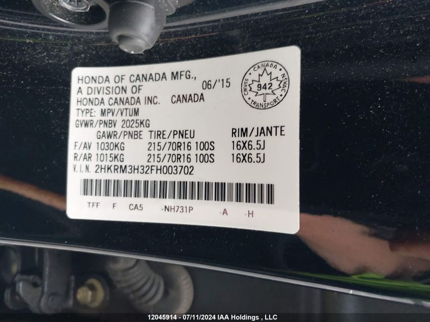 2015 Honda Cr-V VIN: 2HKRM3H32FH003702 Lot: 12045914