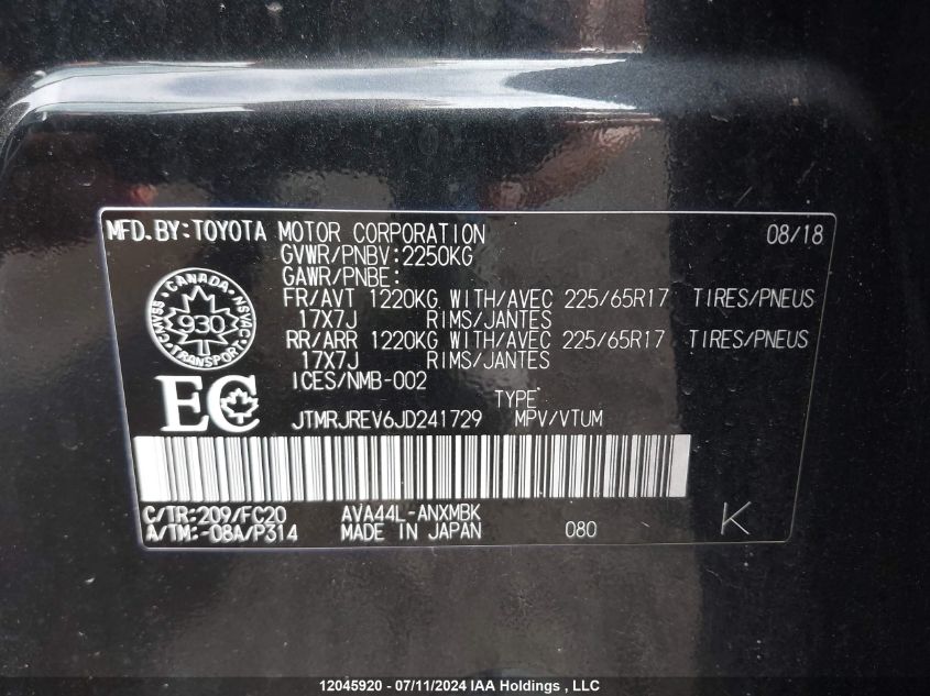 2018 Toyota Rav4 Hybrid Le+ VIN: JTMRJREV6JD241729 Lot: 12045920