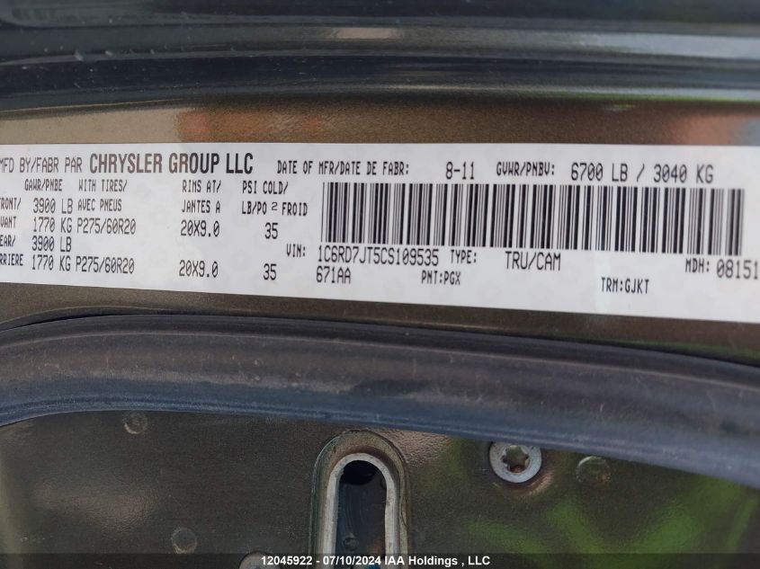 2012 Dodge Ram 1500 Laramie VIN: 1C6RD7JT5CS109535 Lot: 12045922