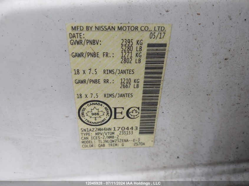 2017 Nissan Murano S/Sl/Sv/Platinum VIN: 5N1AZ2MH4HN170443 Lot: 12045928