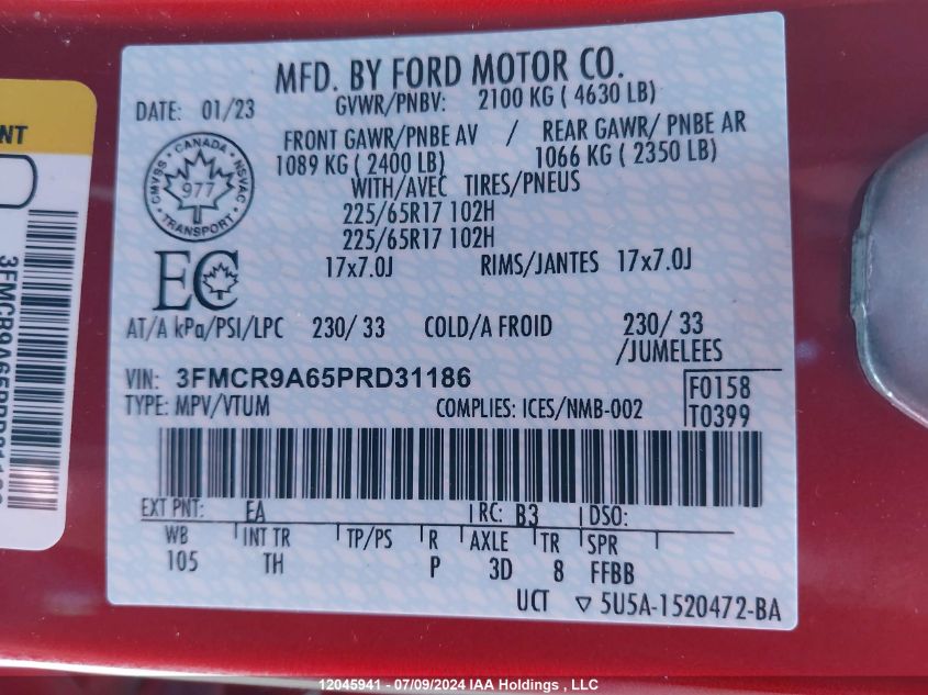 2023 Ford Bronco Sport VIN: 3FMCR9A65PRD31186 Lot: 12045941